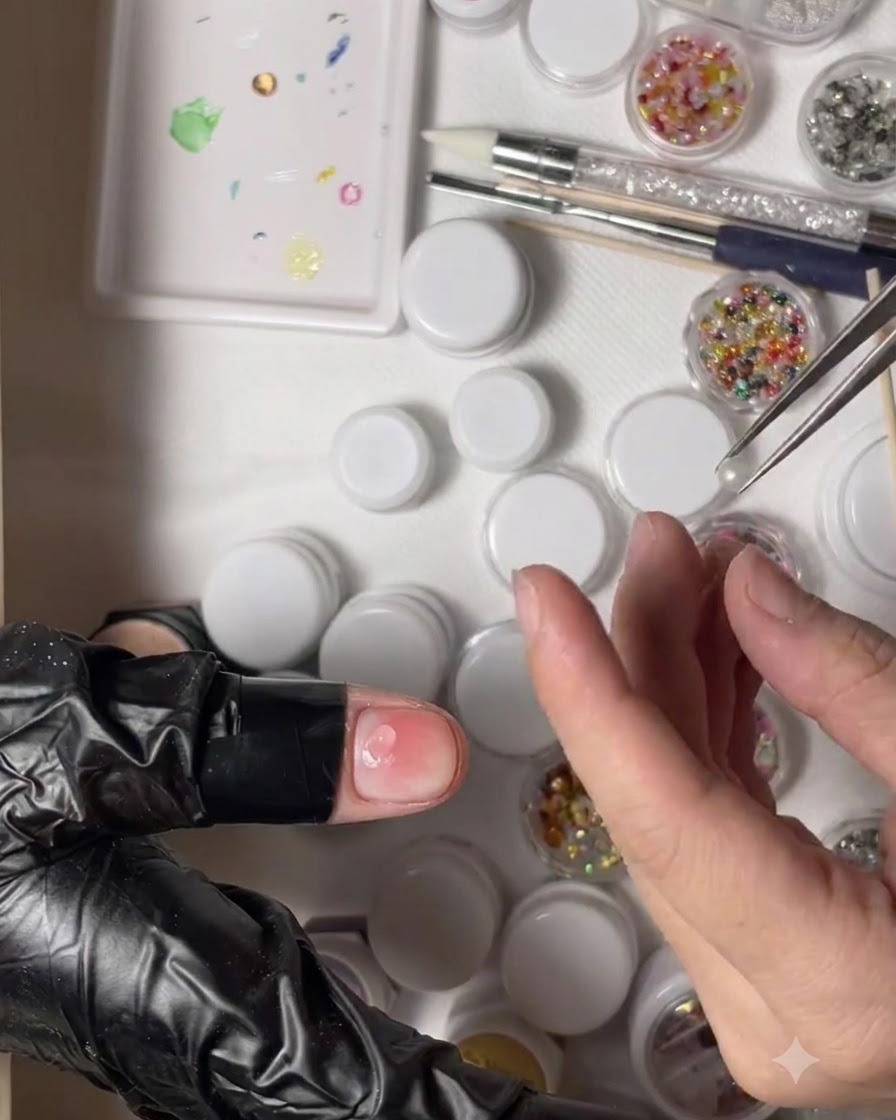 Eine Pinzette platziert eine große weiße Perle auf die Oberfläche eines Daumennagels.