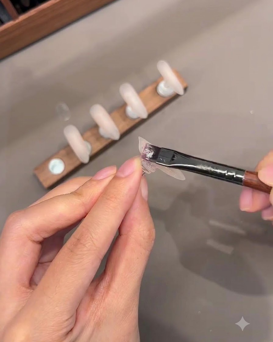 Eine Detailaufnahme eines Pinsels, der Nude-Farb-Base-Gel auf eine Nagelspitze aufträgt.