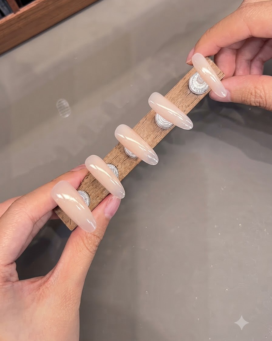 Ein Display-Ständer mit mehreren falschen Nägeln, wobei Cat-Eye-Gel auf die Zeigefingerspitze aufgetragen wurde.