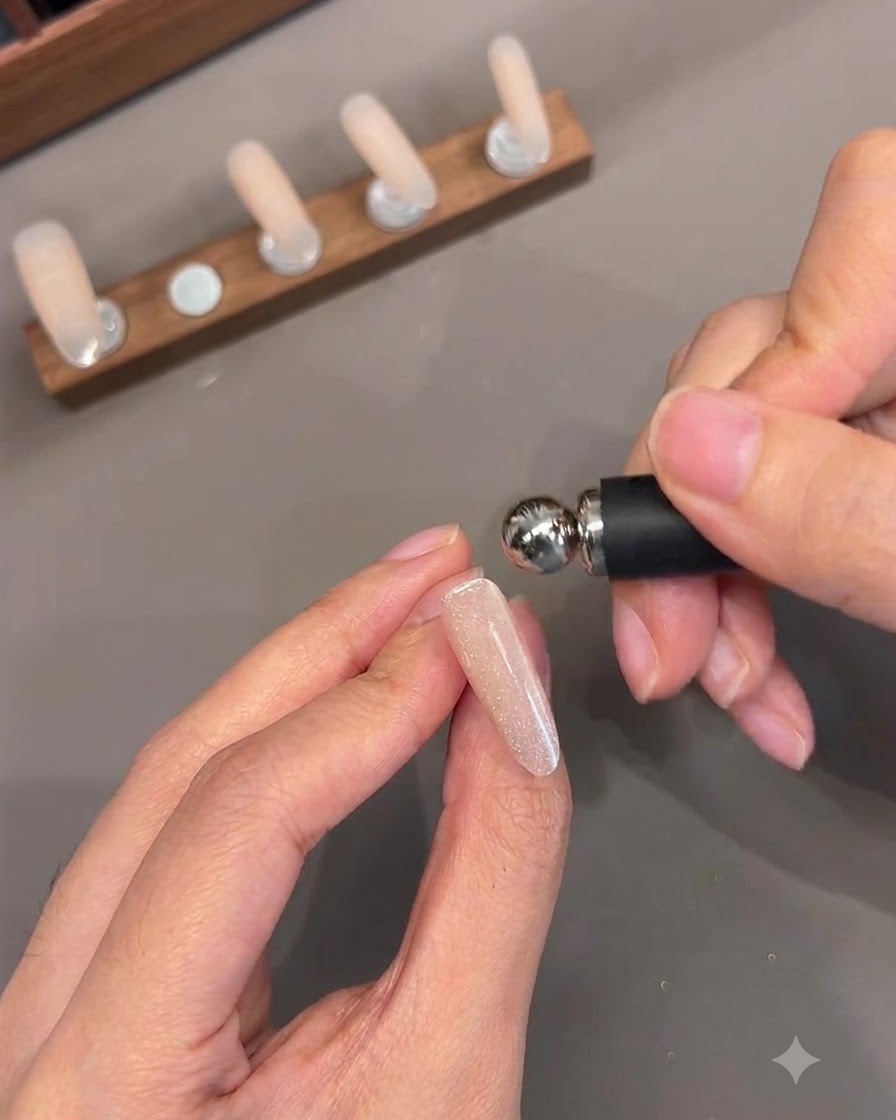 Ein Magnetwerkzeug mit kugelförmigem Kopf in der Nähe einer Nagelspitze positioniert, um das Cat-Eye-Gel zu formen.