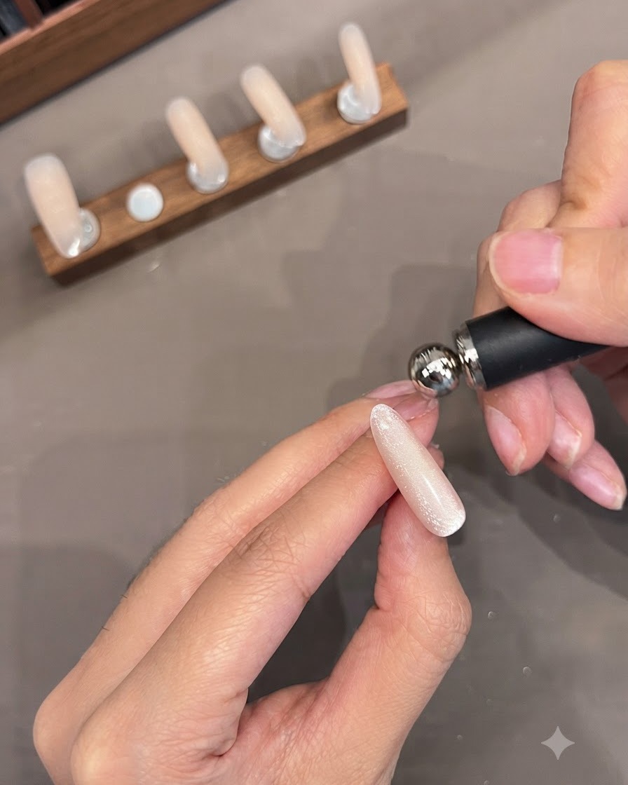 Ein Magnetwerkzeug formt einen breiten Cat-Eye-Effekt an der Seite einer künstlichen Nagelspitze.