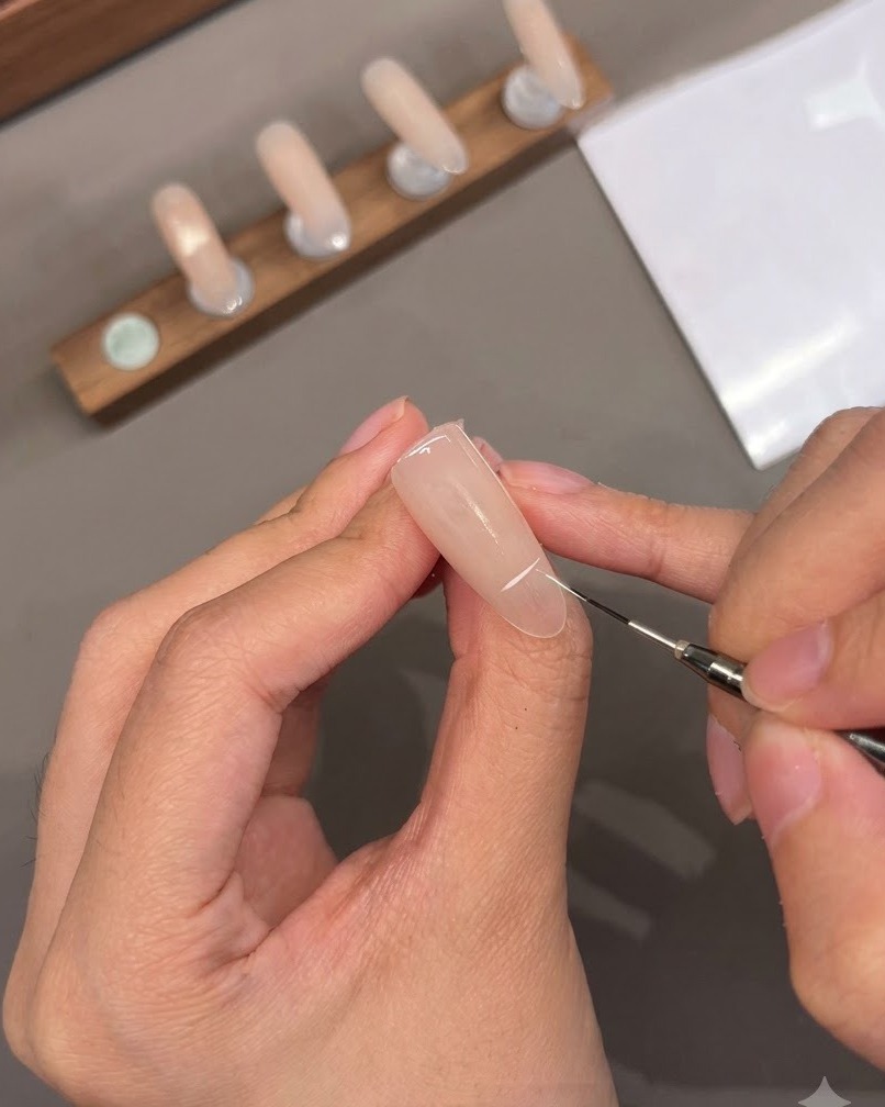 Ein feiner Pinsel zieht eine weiße French-Tip-Linie über eine neutralrosa künstliche Nageloberfläche.