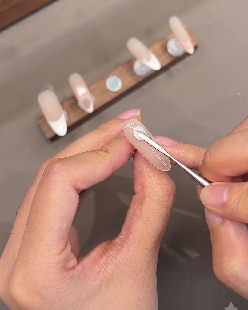 Ein Detailwerkzeug formt 3D-Gel-Blütenblätter auf einer neutralen Basisnageloberfläche.