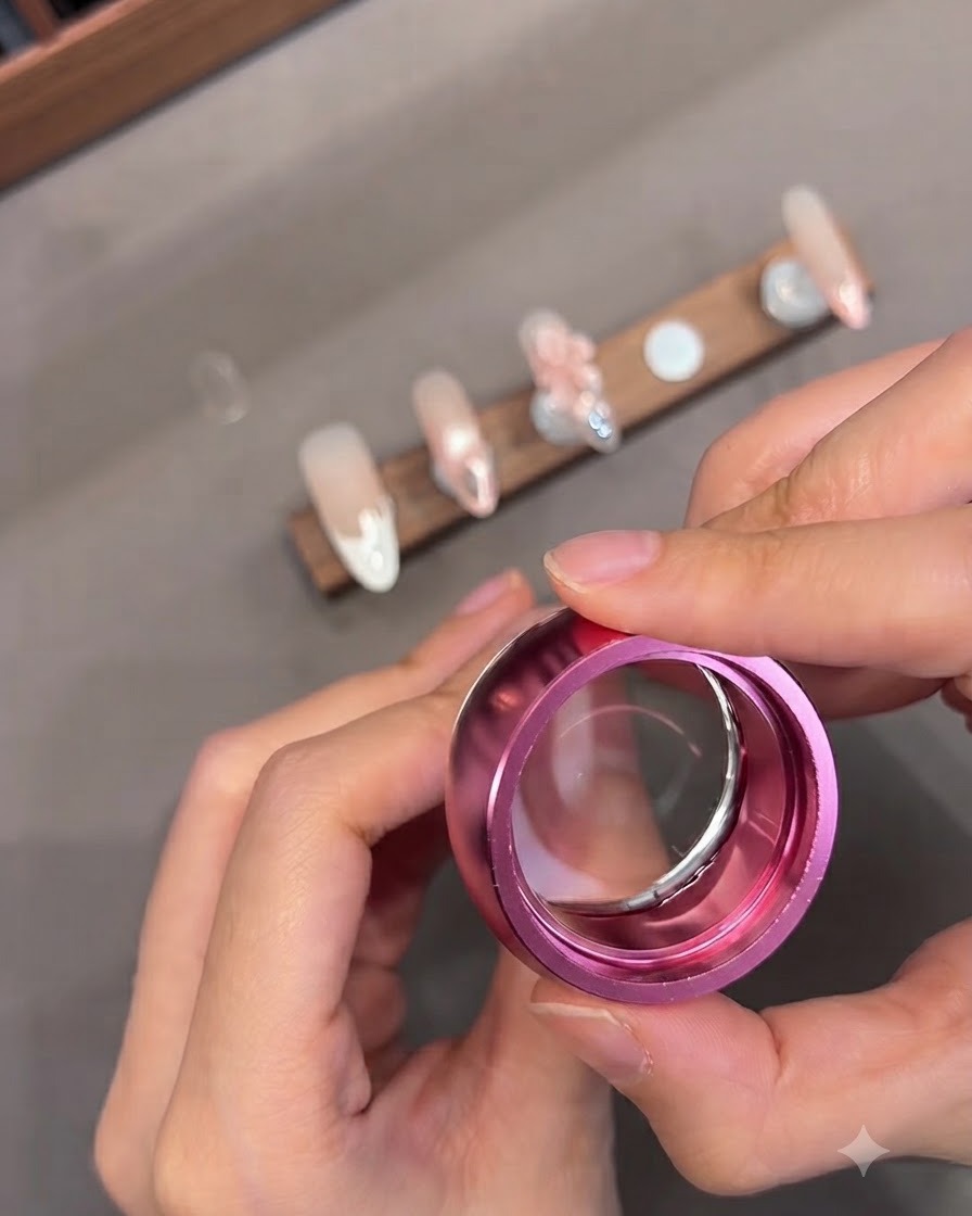 Eine Person benutzt einen pinken Jelly-Stempel, um ein Textdesign auf einen Fingernagel zu übertragen.