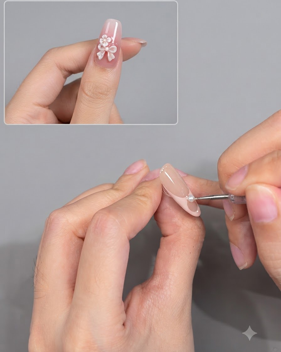 Ein Werkzeug platziert eine Perlendekoration auf der French-Smile-Line eines Nagels.