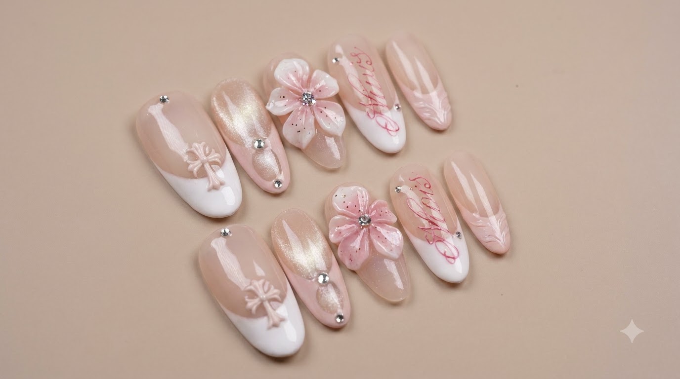 Nahaufnahme einer Hand mit Press-On-Nägeln, French Tips, 3D-Blütenkunst, Cat-Eye-Glasperleneffekten und filigranen Verzierungen.