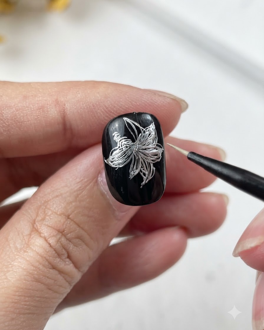 Ein vollendetes metallic-silbernes Lilienblüten-Nageldesign zeigt alle sechs detaillierten Blütenblätter auf schwarzer Basis.