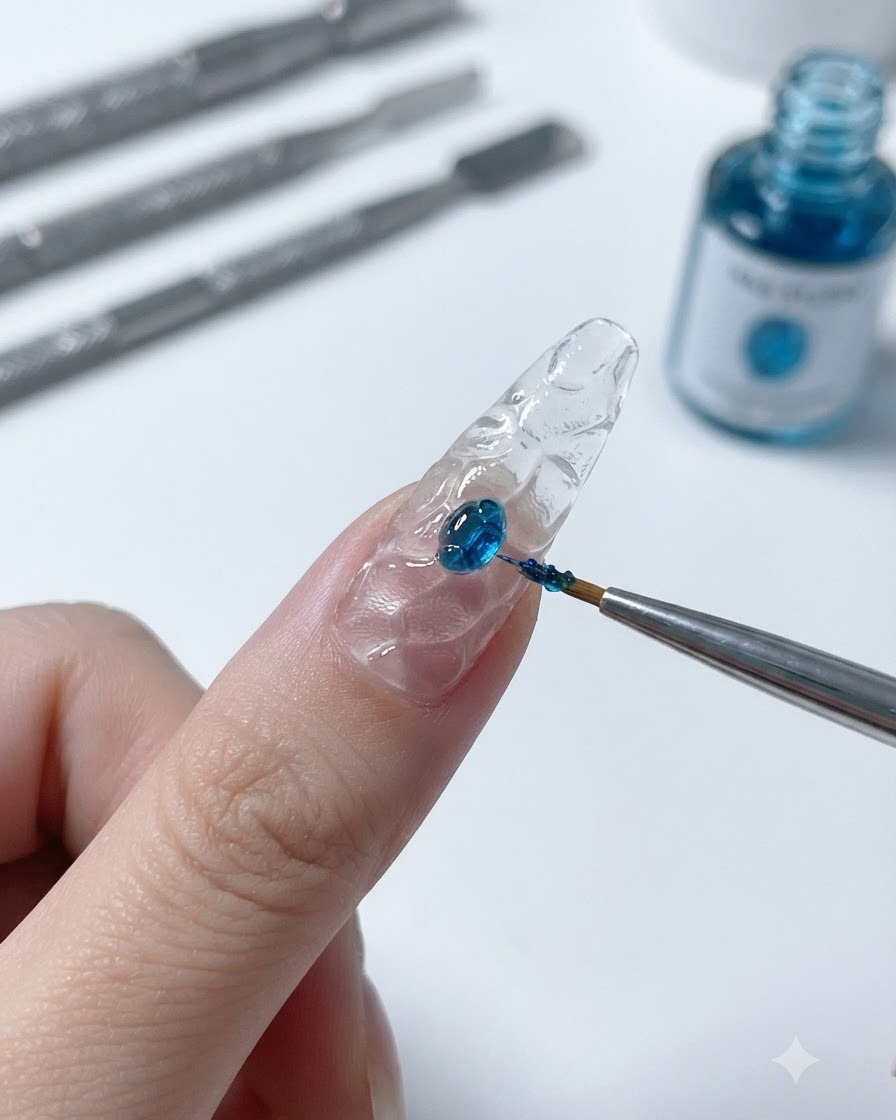 Ein feiner Nailart-Pinsel nimmt einen Tropfen leuchtend blaues, durchscheinendes Glasgel von einer Mischpalette auf.