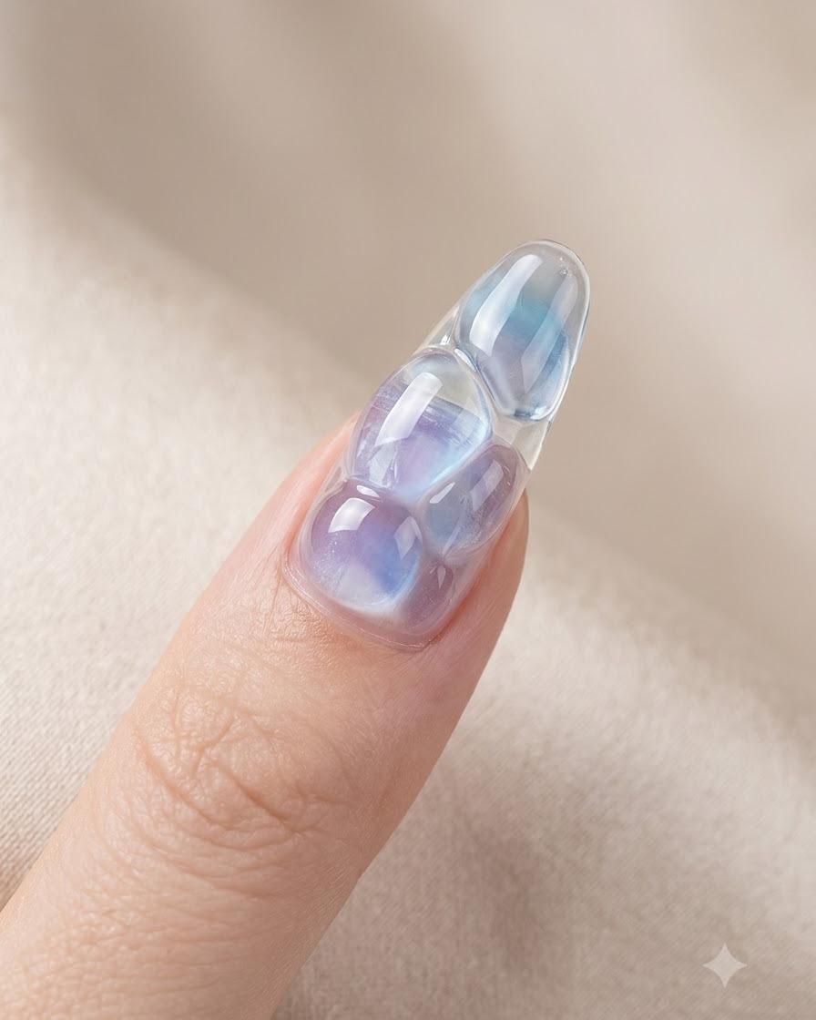 Ein Pinsel trägt Versiegelungsgel über einem texturierten Water Ripple Gelnagel-Design auf.