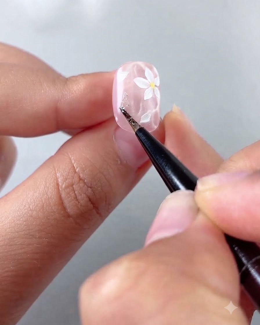 Nahaufnahme einer Hand, die mit einem feinen Pinsel winzige Splitter aus Silberglitter auf einen glänzenden rosa Nagel mit weiß gemalten Blumen aufträgt.