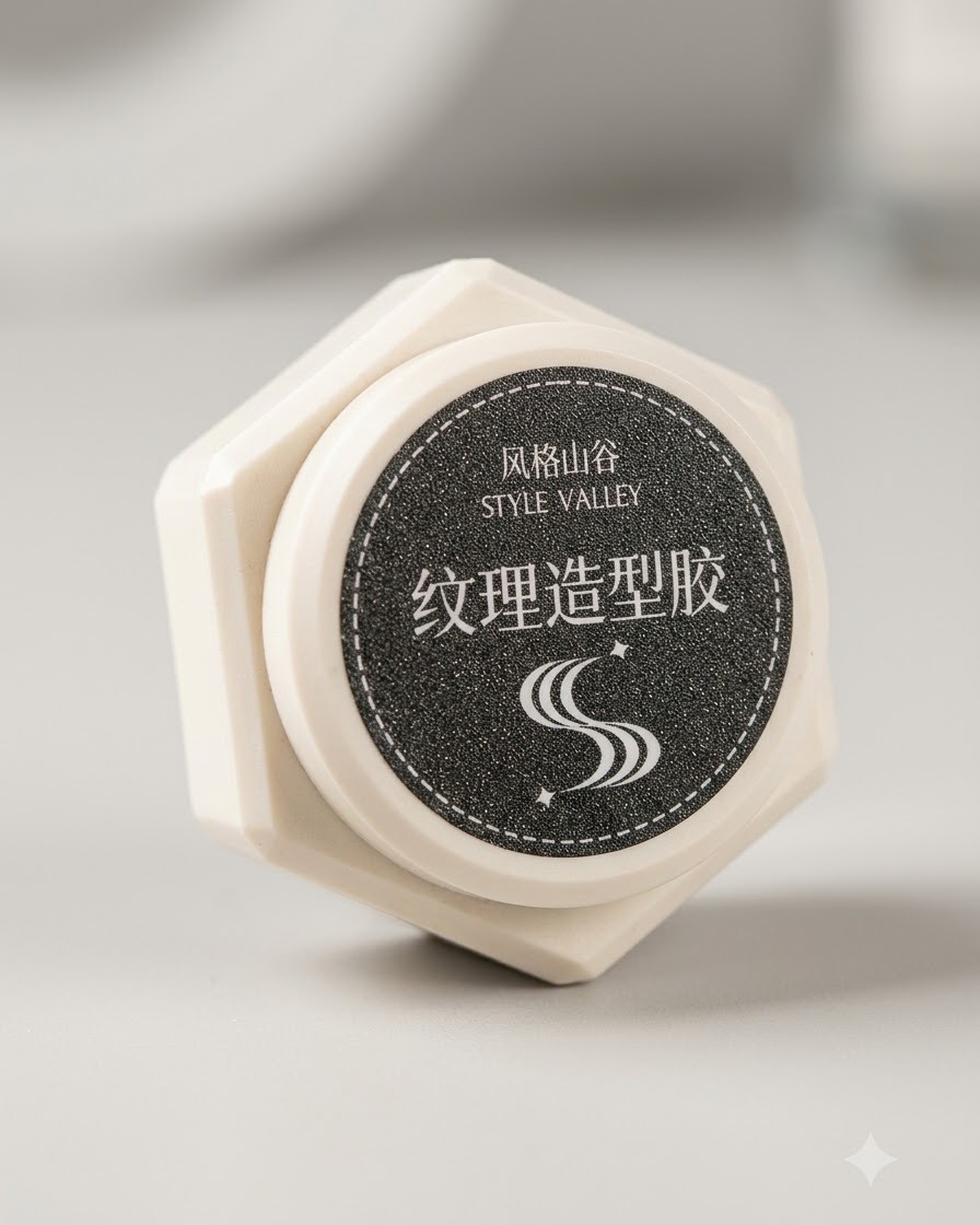 Ein Tiegel Style Valley Texture Shaping Gel mit chinesischen Schriftzeichen auf dem Etikett.