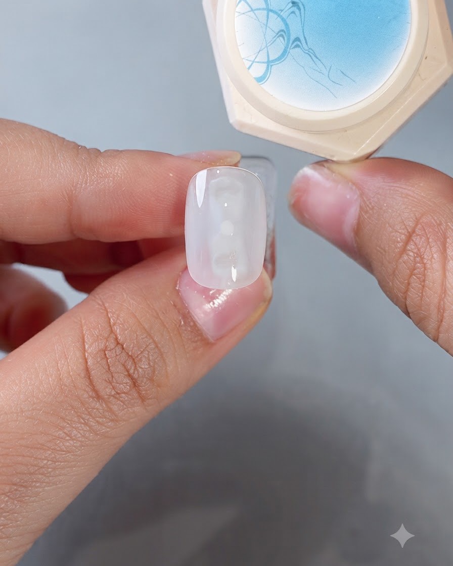 Ein blauer Cat-Eye-Gel-Produktbehälter neben einer vorbereiteten, hellblauen Nagelspitze.