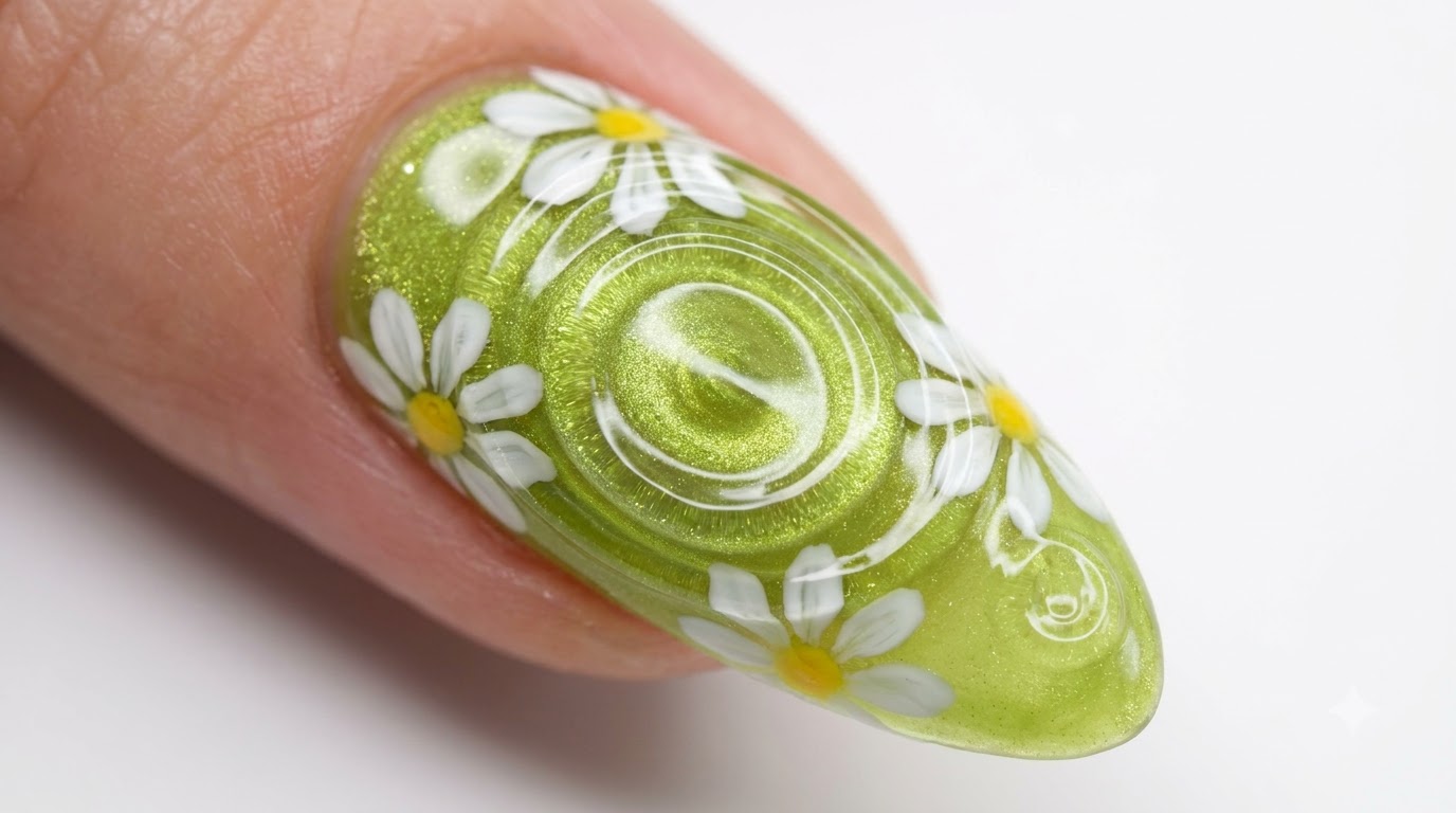 Limettengrüne Cat-Eye-Nägel mit Wassertropfen und Gänseblümchen — Schritt-für-Schritt-Anleitung