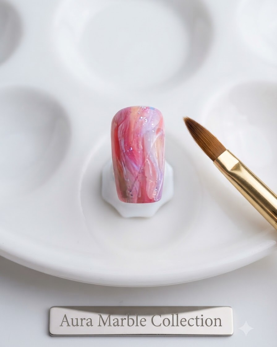 Nahaufnahme eines goldenen Nagelpinsels neben einer weißen Palette mit einem vorbereiteten Aura-Marmor-Nagel.
