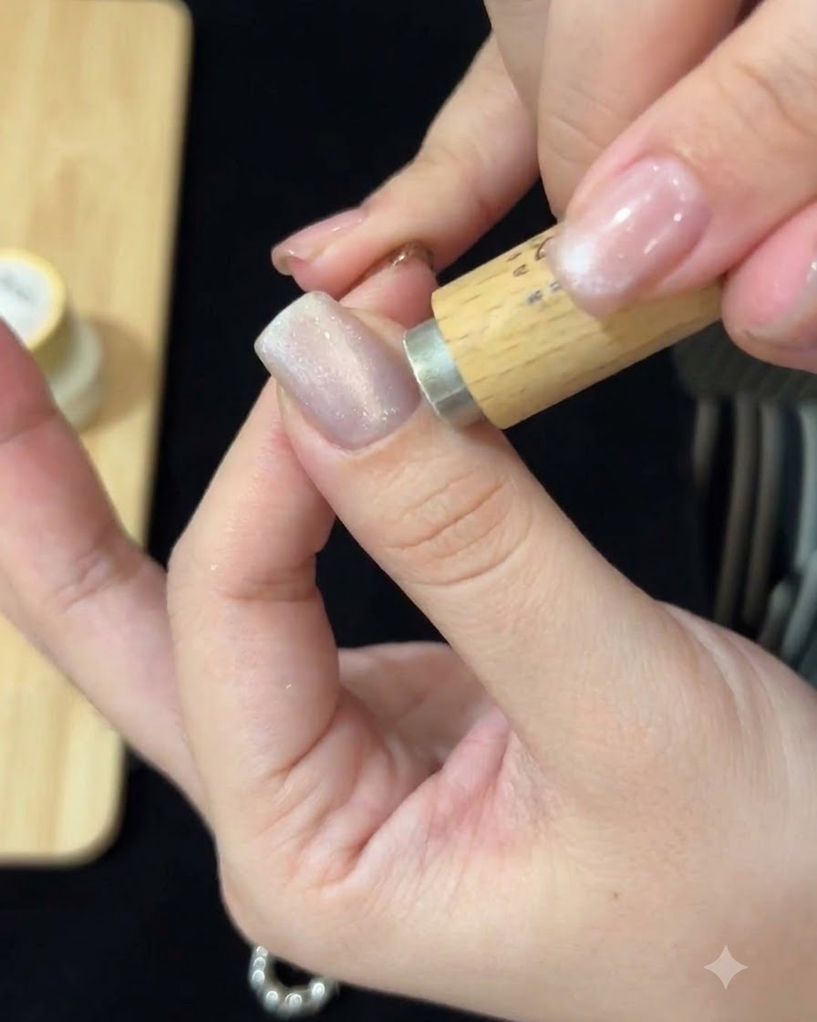 Ein Holz-Magnetstab, der nah an den mit Cat-Eye-Gel bestrichenen Nagel gehalten wird, um den Lichteffekt zu formen.
