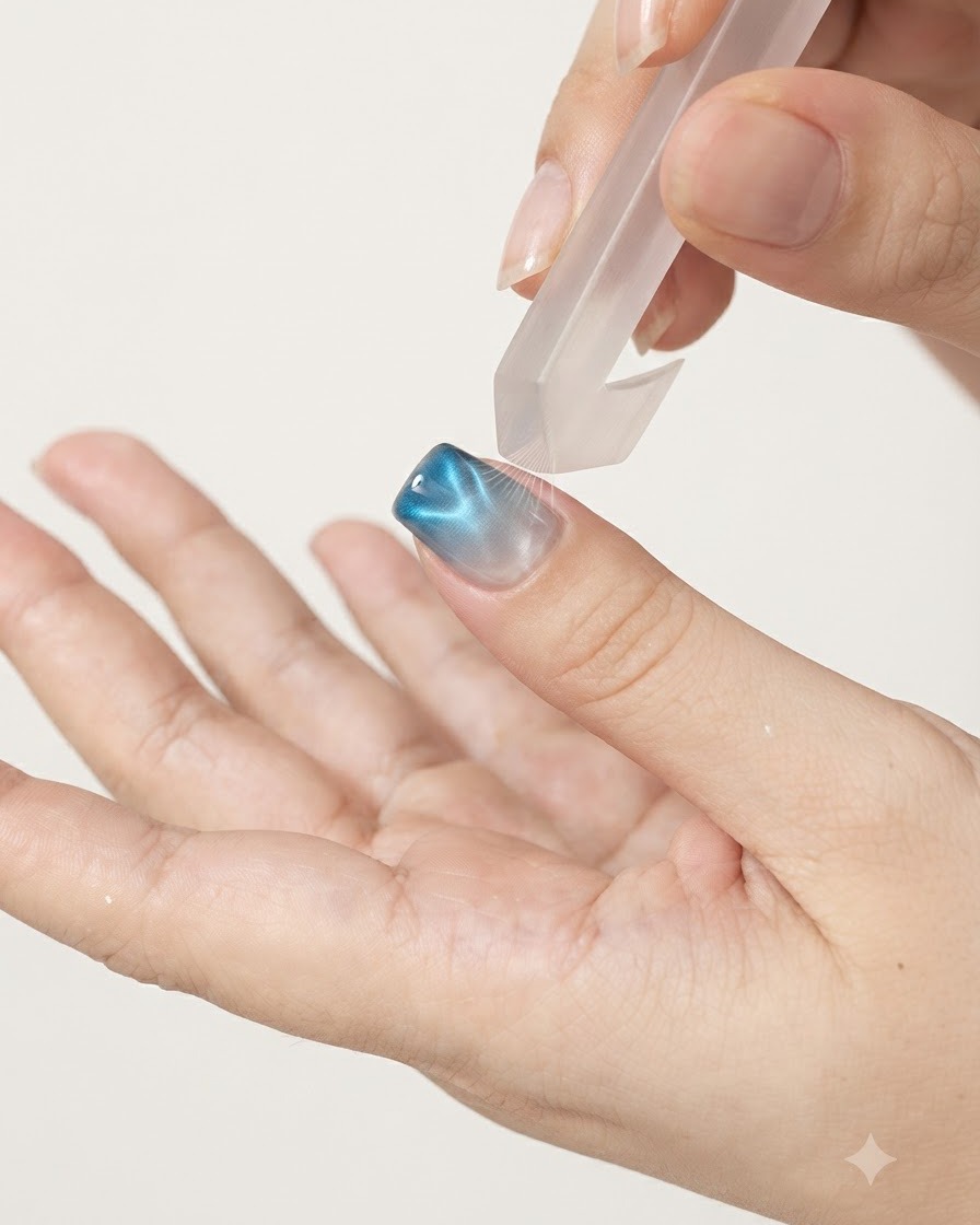 Ein Fingernagel wird unter einer pink-violetten UV- oder LED-Lampe ausgehärtet.