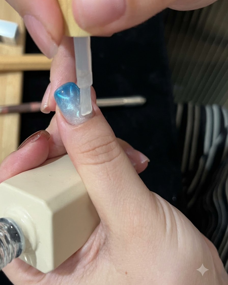 Ein Pinsel trägt eine klare Überlackschicht über ein fertiges blaues Cat-Eye- und Ombré-Nageldesign auf.