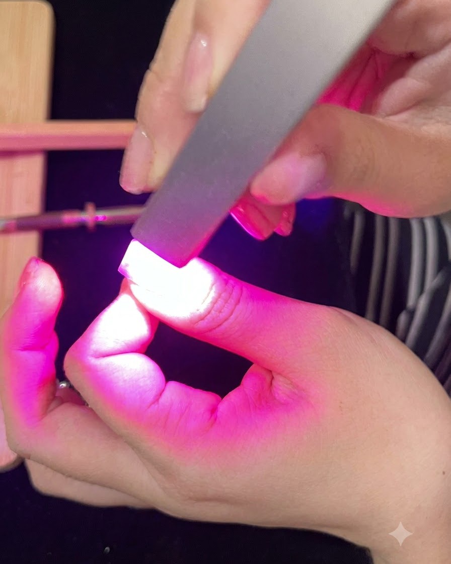 Ein Fingernagel härtet während des finalen Top-Coat-Auftrags unter einer hellrosa UV- oder LED-Lampe aus.