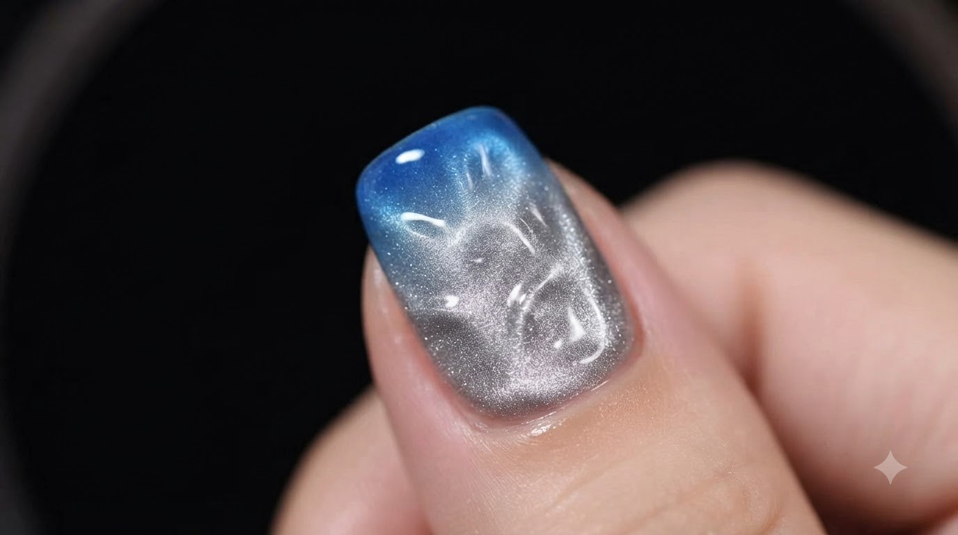 Silberne Cat-Eye und blaue Water Ripple Nägel — Schritt für Schritt Nageldesign
