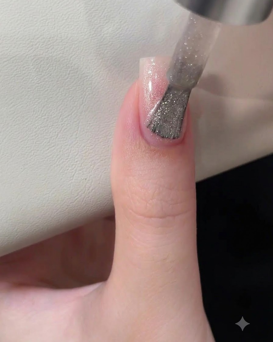 Ein Nagellackpinsel trägt ein funkelndes silbernes Cat-Eye-Gel über einen rosa Farbverlaufsnagel auf.