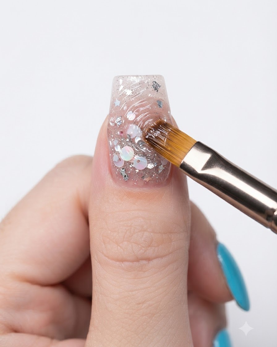Ein Detailpinsel zieht klares Modelliergel, um 3D-Wasserwellenrippen auf einem dekorierten Nagel zu formen.