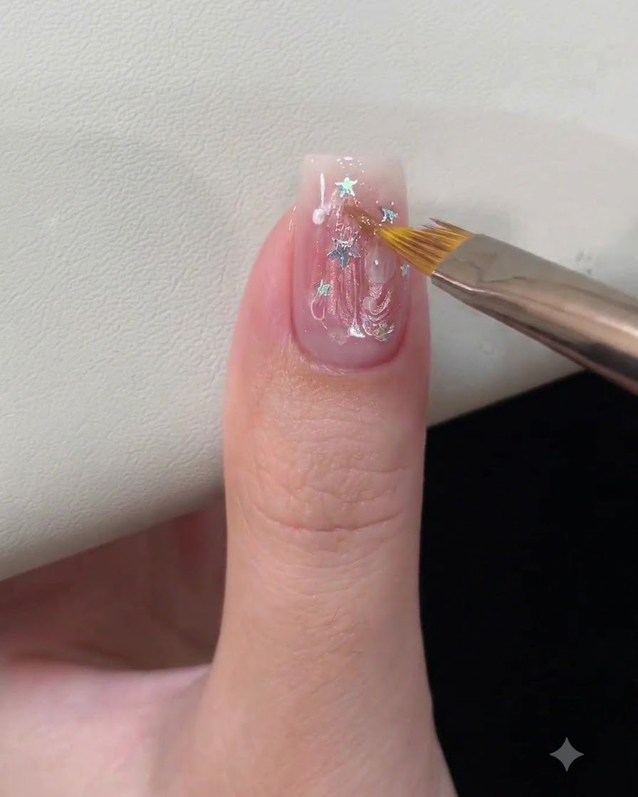 Eine Nahaufnahme eines Fingernagels mit 3D-Wasserwellen-Gelkunst, platziert in einer UV- oder LED-Nagellampe zum Aushärten.