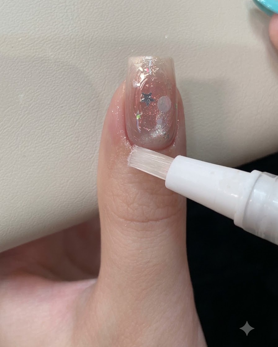 Ein weißer revitalisierender Pinselstift trägt klares Nagelhautöl auf die Haut um einen wunderschön dekorierten und fertigen Gelnagel auf.