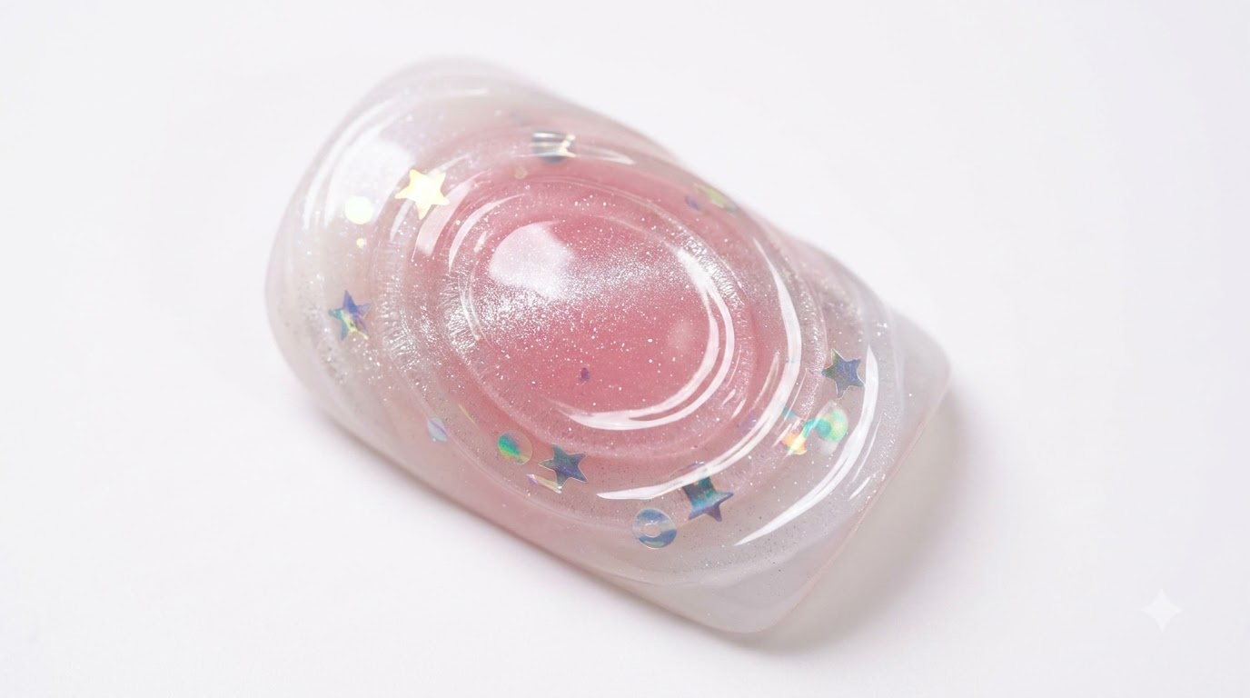 Nahaufnahme des fertiggestellten Aurora-Wasserwellen-Nageldesigns mit irisierenden Sternen- und runden Pailletten über einer milchig-weißen und rosa Farbverlaufsbasis mit silbernem Cat-Eye-Funkeln.