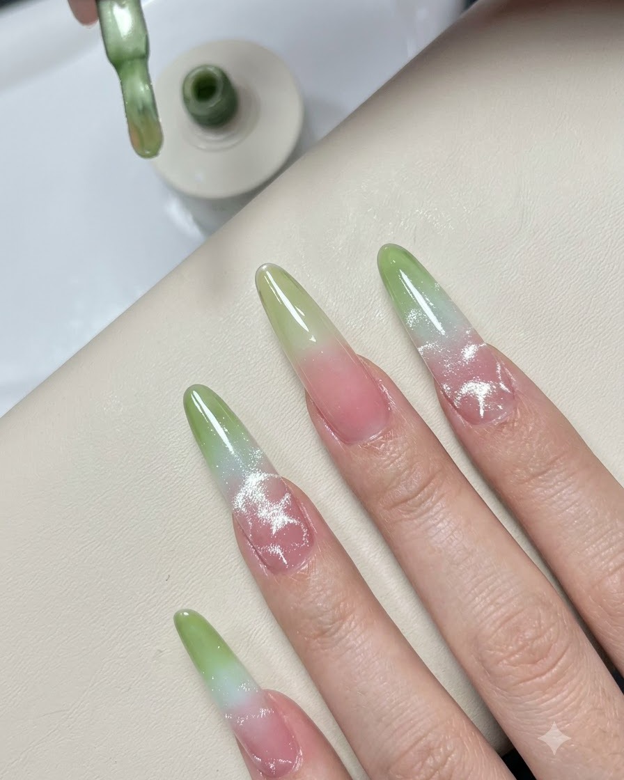 Ein Pinsel gibt einen kleinen extra Tropfen grünes Gel auf die Spitze des Übungsnagels.