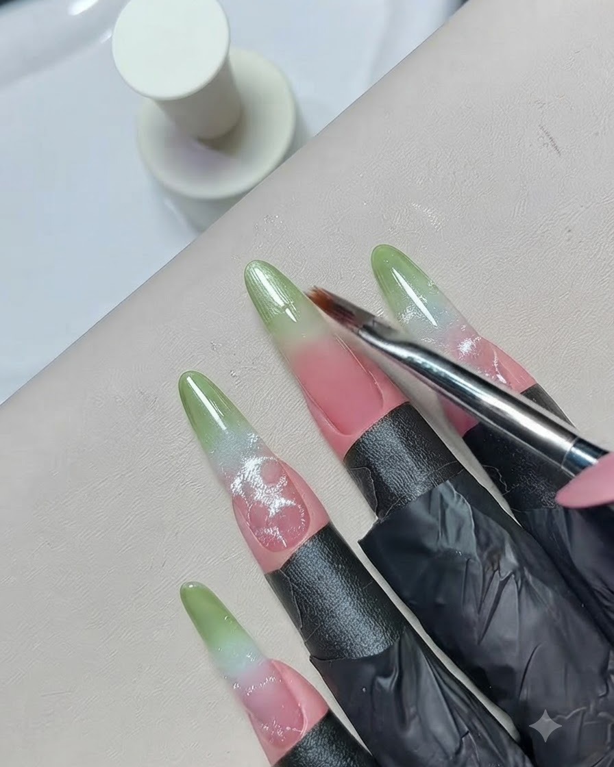 Ein feiner Pinsel verblendet das grüne Gel-Polish weiter nach unten, um den glatten Verlaufsübergang zu perfektionieren.