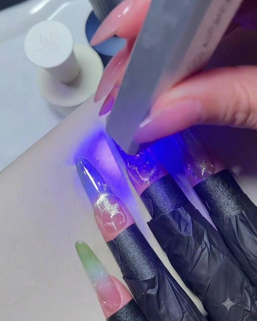 Eine Hand hält eine tragbare blaue Mini-UV-Taschenlampe über lackierte Nägel, um das Gel auszuhärten.