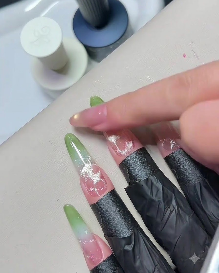 Ein Finger berührt sanft die Oberfläche eines ausgehärteten Hochglanznagels, um die fertige Textur zu prüfen.