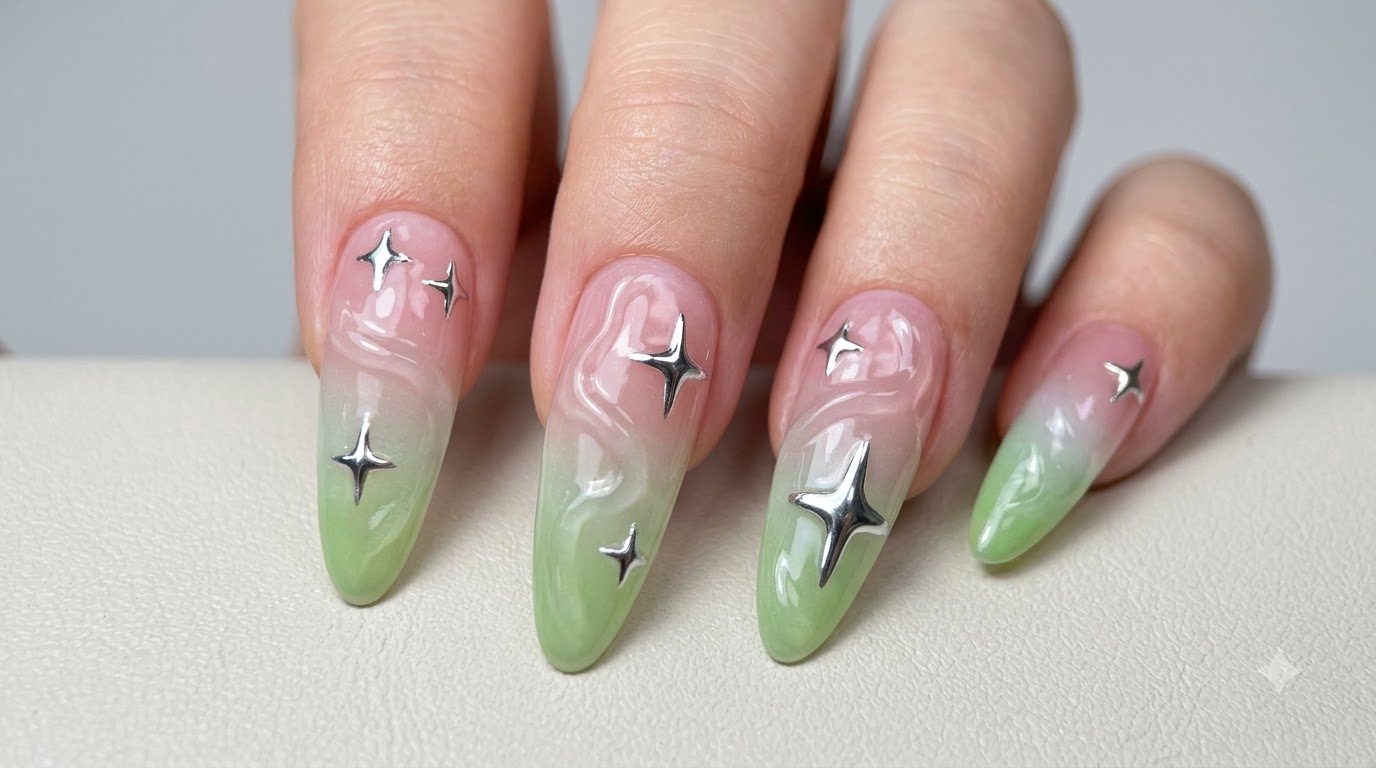 Sommer-Wasserwellen-Nail-Art mit Rosa-Grün-Farbverlauf und Schritt-für-Schritt-Anleitung