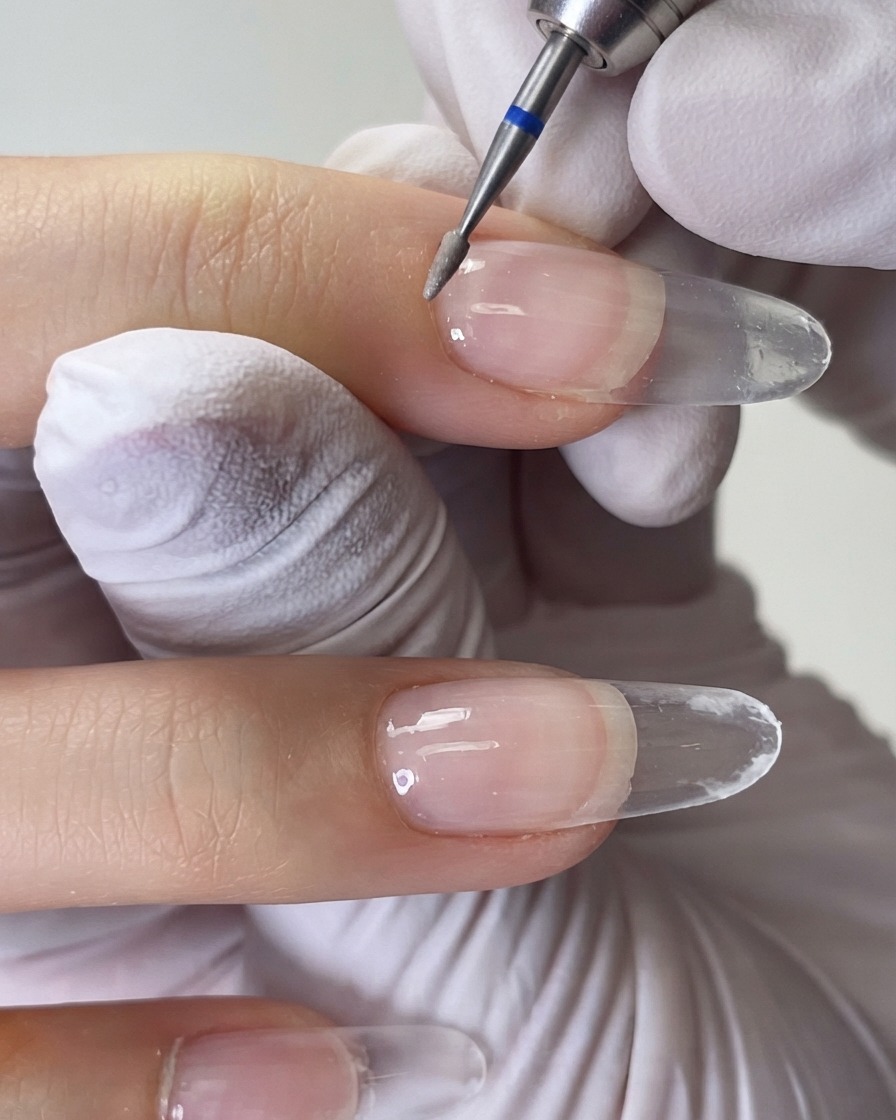 Eine Nahaufnahme eines Fräser-Handstücks mit einem blau geringelten Hartmetallbit, das den Nagelhautbereich eines Naturnagels reinigt.