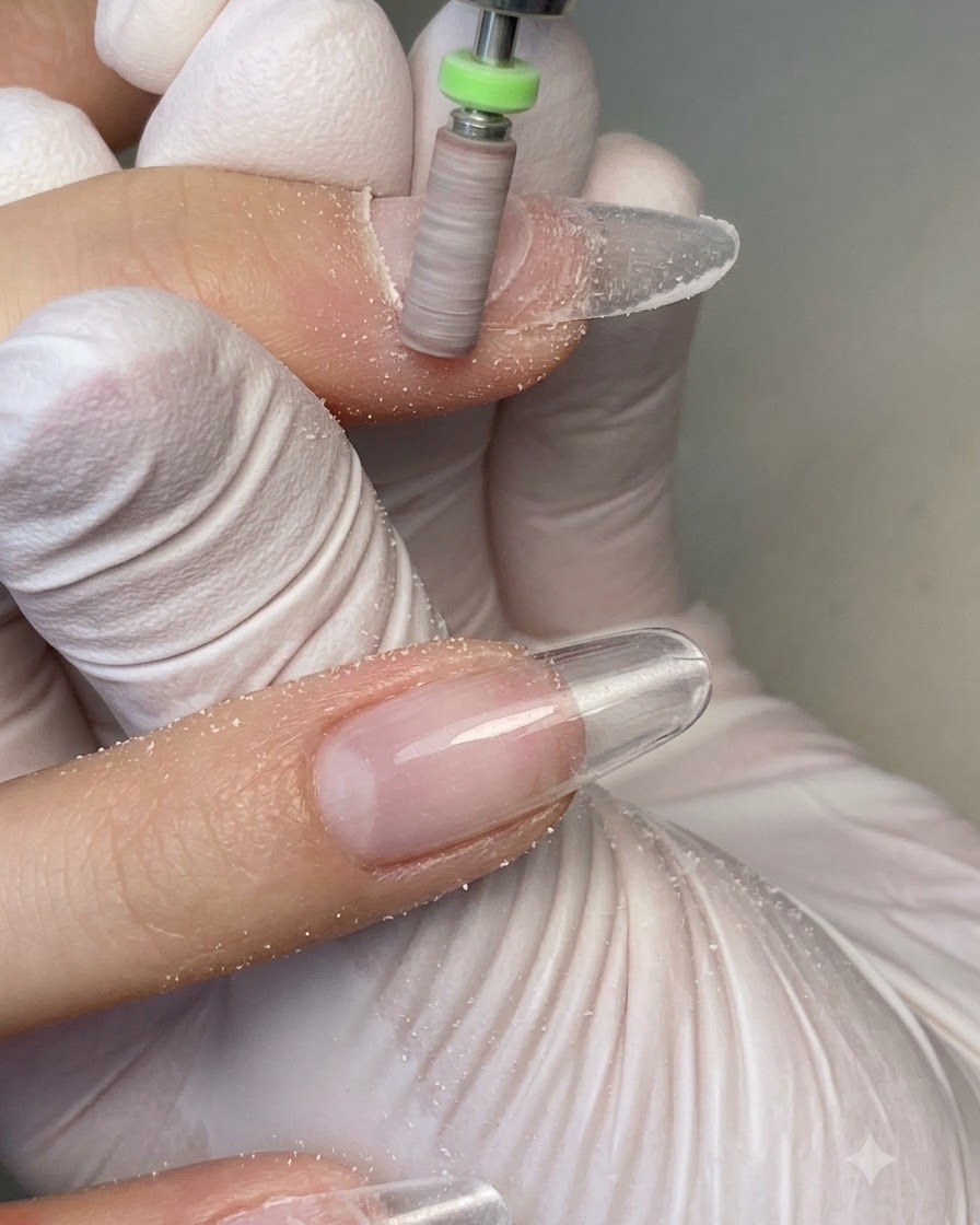 Ein Nagelfräser mit einem weißen Keramik-Zylinderbit glättet die Nagelhautzone eines Fingernagels.