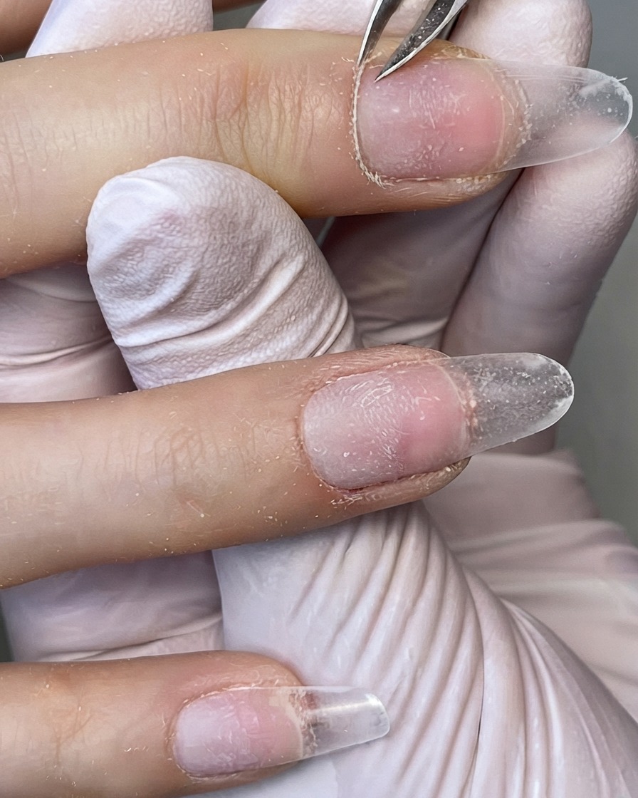 Ein Paar Präzisions-Nagelhautzangen aus Metall schneidet abgestorbene Haut um den Nagelwall ab.