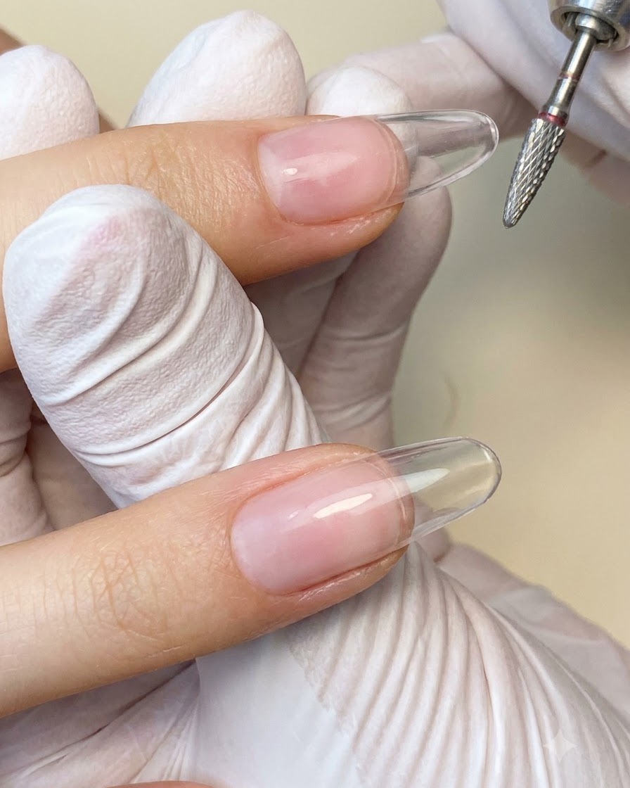 Ein Nagelfräser mit einem kleinen, flammenförmigen Diamantbit detailliert die Nagelhauttasche.