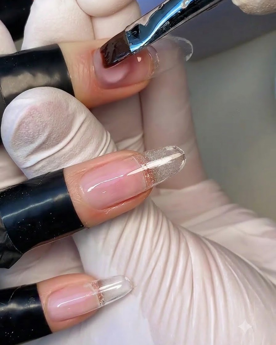 Ein flacher Gelpinsel trägt klares Base-Gel auf einen vorbereiteten Fingernagel auf.
