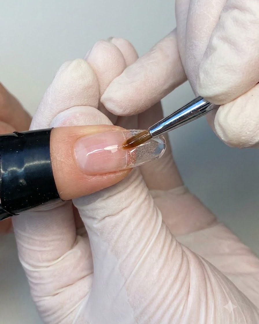 Ein Detailpinsel trägt eine zweite Schicht Base-Gel auf, um die Nageloberfläche zu glätten und zu nivellieren.