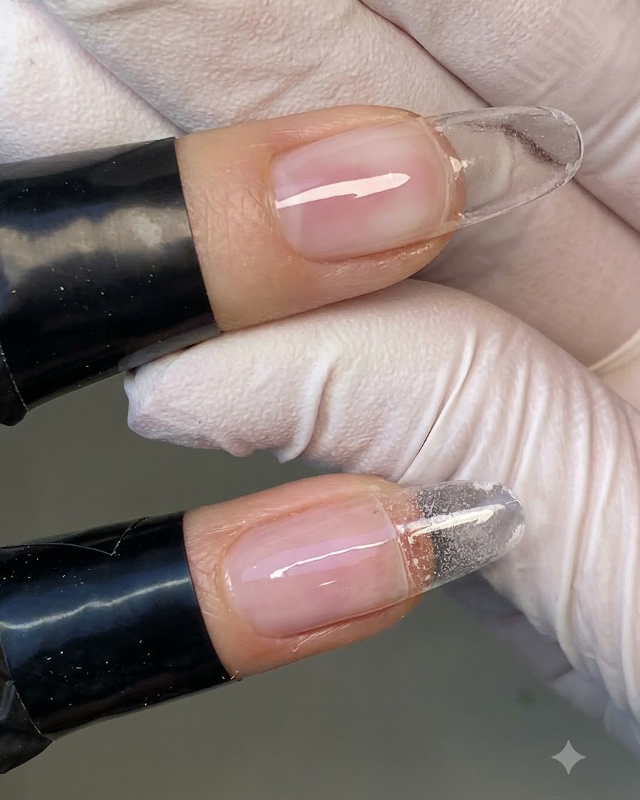 Eine behandschuhte Hand verwendet ein fusselfreies Tuch mit Cleaner, um die Oberfläche eines Gelnagels abzuwischen.