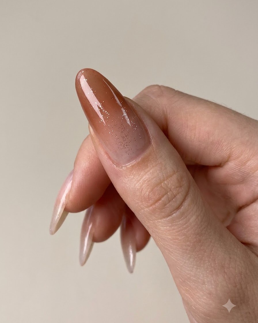 Eine manikürte Hand zeigt einen fertiggestellten glänzenden Farbverlaufs-Nagel mit dezenten Goldglitter-Akzenten.
