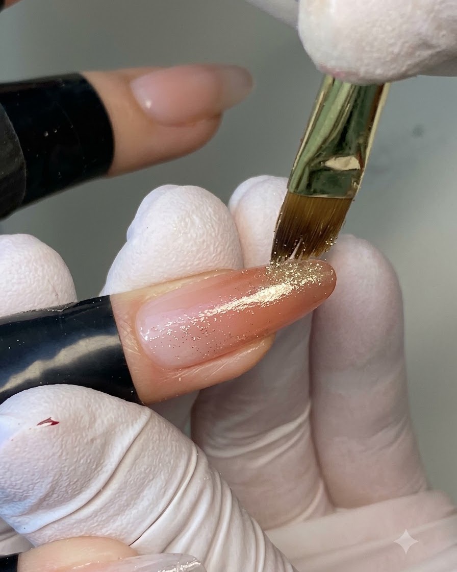 Ein Detailpinsel setzt feine Goldglitter-Akzente entlang der Marmor-Designlinien auf einem Nagel.