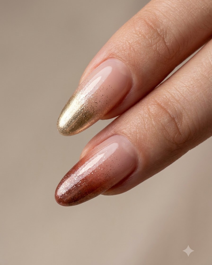 Ein Pinsel trägt einen klaren, glänzenden Top Coat über ein fertiges Farbverlaufs- und Glitter-Nageldesign auf.