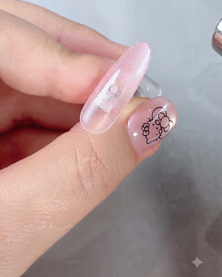 Eine Hand hält einen zylindrischen Magnetstab nahe an die Spitze eines rosa gelackten Nagels, um einen Cat-Eye-Effekt zu aktivieren.
