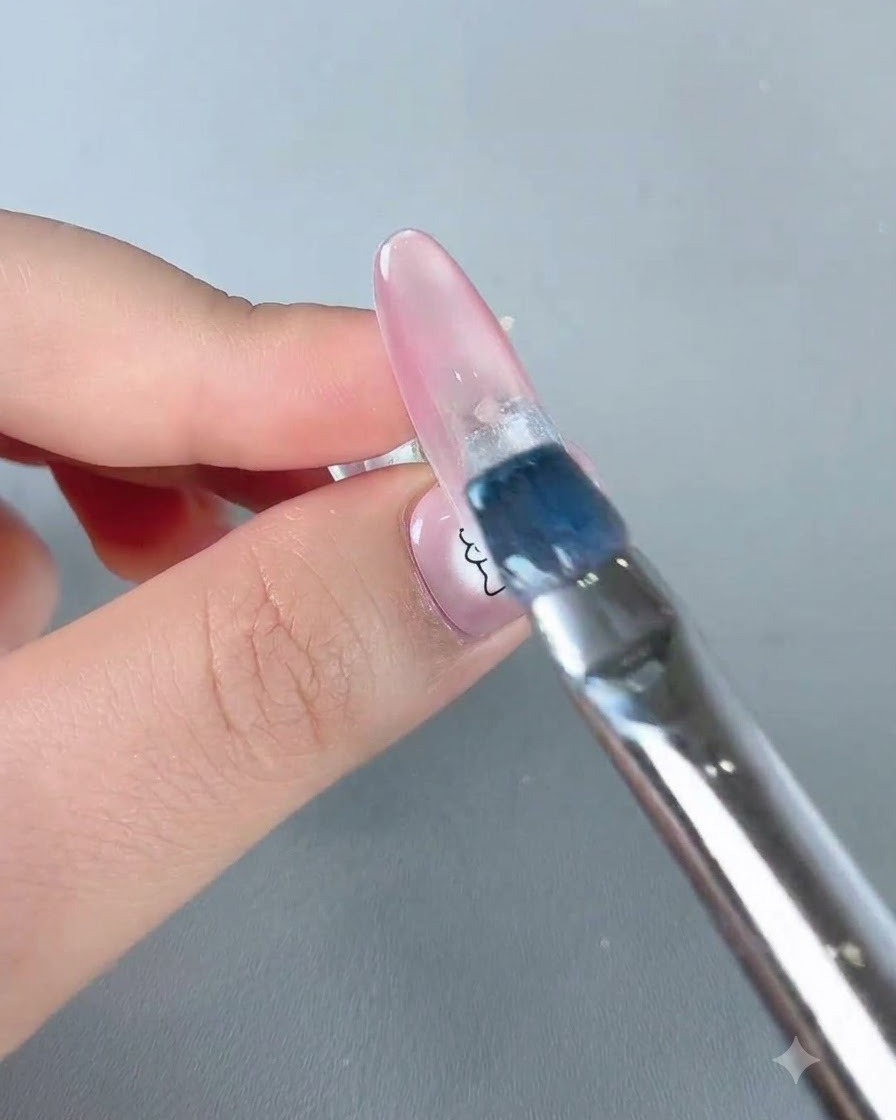 Ein Nagelpinsel trägt einen Strich himmelblaues Gel-Lack auf den Nagelhautbereich eines Nagels auf.