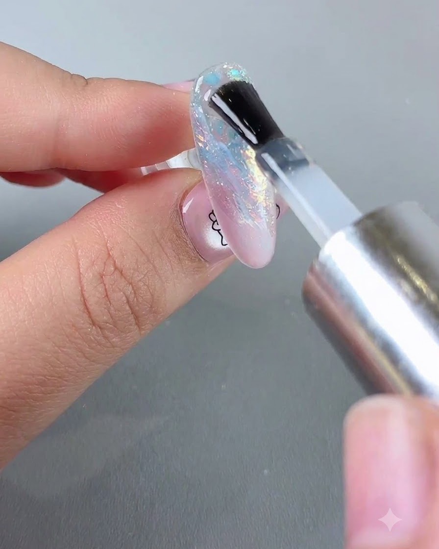 Nahaufnahme eines Pinsels, der klaren Gel-Top-Coat über einen intrikaten rosa-blauen Farbverlaufsnagel mit irideszierenden Glitzerflocken aufträgt.