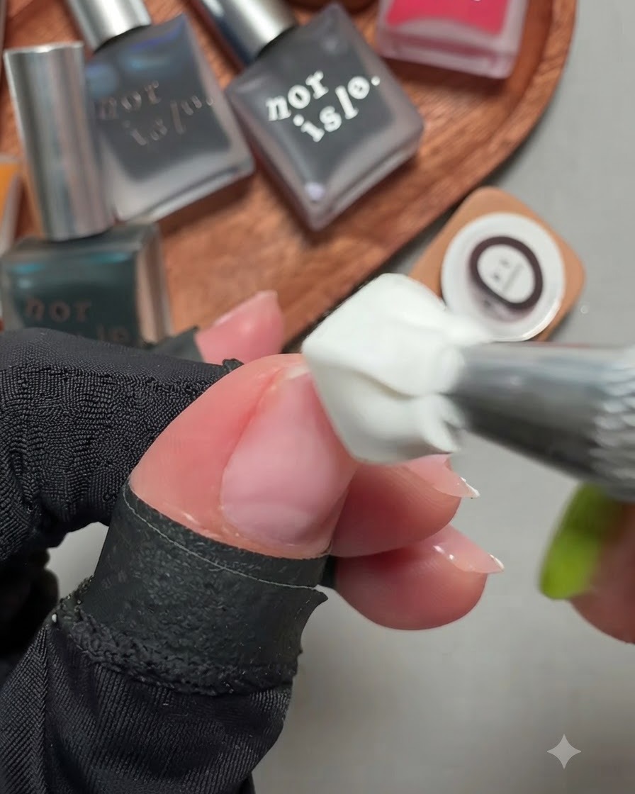 Nahaufnahme einer Hand mit schwarzem Handschuh, die mit einem Silikonwerkzeug weißes Gel auf die Nagelspitze eines Naturnagels aufträgt.
