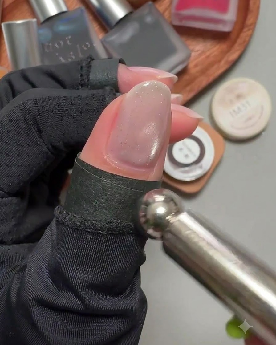 Ein rundes Magnetwerkzeug schwebt über einem Cat-Eye-Gel-Nagel, um die Magnetpartikel zu formen.