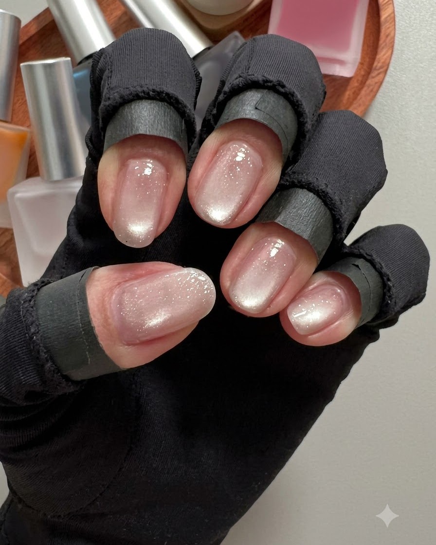 Eine Hand in schwarzen Handschuhen zeigt alle fünf Finger mit ausgehärteten, schimmernden Cat-Eye-Basisschichten.