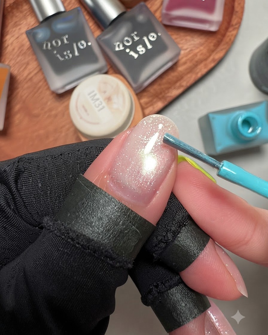 Ein dünner blauer Detailpinsel tupft Aquarell-Tinte auf eine feuchte Gel-Oberfläche.